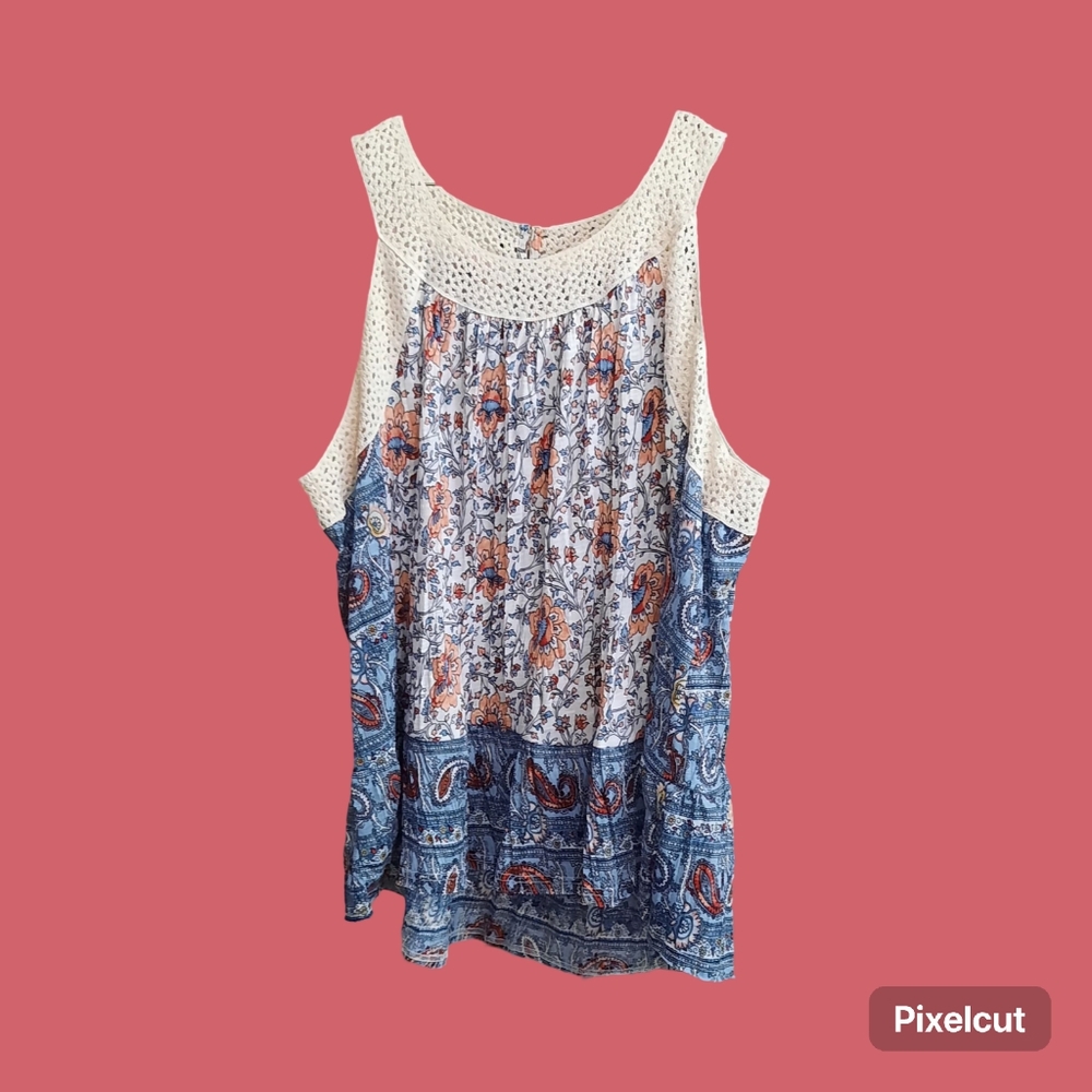 Cato Fashion Loose Fit Blue and White with Floral Tank Top with Crochet Trim. - Picture 10 of 12